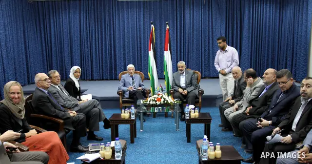 Palestinian Prime Minister in Gaza Strip, Ismail Haniya meets with a Dutch human rights delegation at his office in Gaza city on Oct. 6,2011. Photo by Mohammed Asad