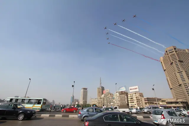 Egyptian military aircrafts make colored smoke during an air show in Cairo, Egypt Thursday, Oct. 6, 2011. Egypt marked the 38th anniversary of the Oct. 6 Arab-Israeli war in 1973 on Thursday. In 1973 Egypt and Syria took...