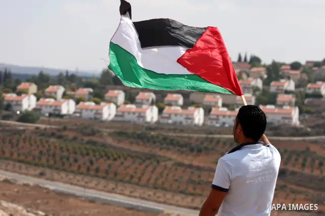 Palestinian youths wave their national flag during a weekly demonstration against Israeli settlement expansion, in the West Bank village of Nabi Saleh, on October 7, 2011. Photo by Issam Rimawi
