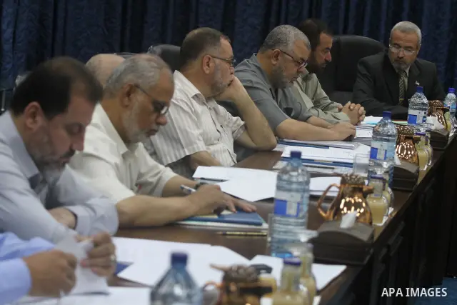 Palestinian Prime Minister in Gaza Ismail Haniyeh during his meeting with the Palestinian Government in Gaza to discuss the issue of the Palestinian prisoners jailed in Israel, in Gaza City on Oct. 11, 2011. . Photo by M...