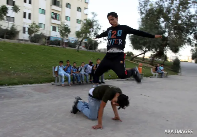 Palestinian wheel athletes demonstrate their skills at a park in Gaza city on Oct. 11,2011. Tens of Palestinian youths find parkour good game to waste their free time. Photo by Mohammed Asad