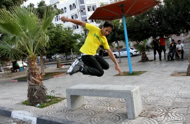 Palestinian wheel athletes demonstrate their skills at a park in Gaza city on Oct. 11,2011. Tens of Palestinian youths find parkour good game to waste their free time. Photo by Mohammed Asad