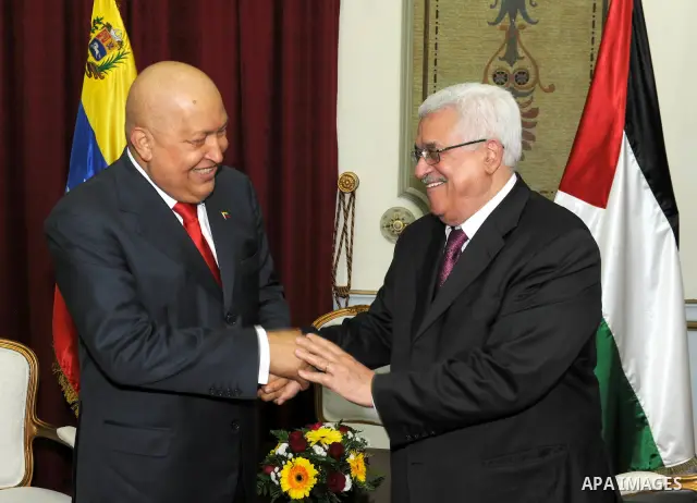 Palestinian President Mahmoud Abbas (Abu Mazen) meets with Venezuelan President, Chavez in Caracas on Oct. 11,2011. Photo by Thaer Ganaim