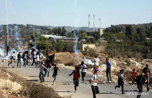 Palestinian, Israeli and foreign activists run away from tear gas canisters fired by Israeli troops during a demonstration against the expansion of the nearby Jewish settlement of Halamish in the West Bank village of Nab...