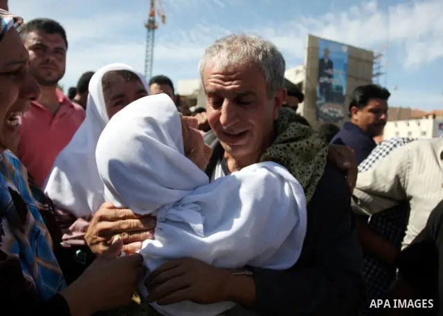 A Palestinian prisoner is welcomed by a crowd following the release of hundreds of prisoners from Israeli jails on October 18,2011 at the Palestinian Authority headquarters in the West Bank city of Ramallah. Crowds of Pa...