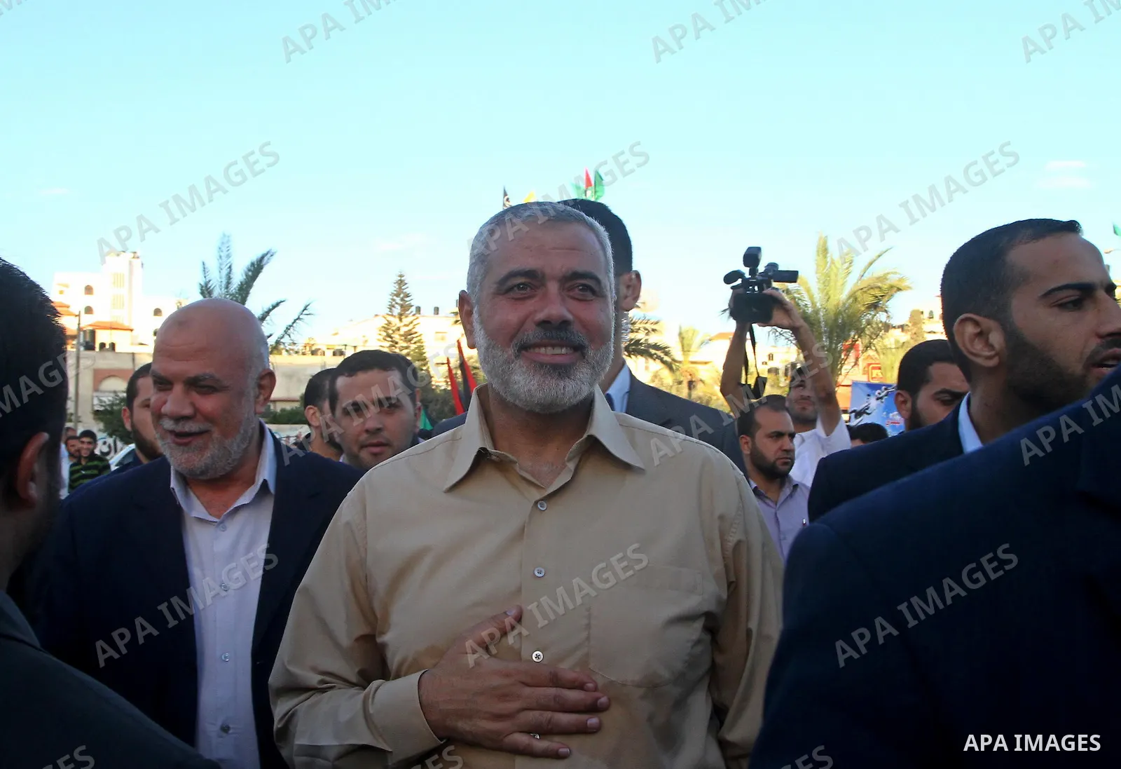 Palestinian prime minister in Gaza Strip, Ismail Haniya visits the tent erected to welcome Palestinian prisoners released in exchange for the captured Israeli soldier Gilad Schalit in Gaza City, Wednesday, Oct. 19, 2011....