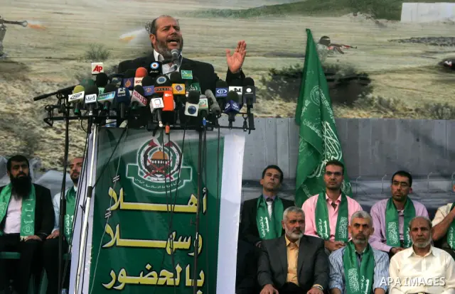 Palestinian Hamas leader Khalil al-Heah speaks during a rally as Hamas supporters celebrate the release of hundreds of prisoners following a swap with captured Israeli soldier Gilad Shalit on October 21, 2011 in Khan Yun...