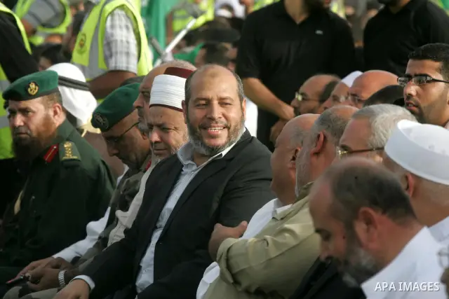 Palestinian Hamas leader Khalil al-Heah attends a rally as Hamas supporters celebrate the release of hundreds of prisoners following a swap with captured Israeli soldier Gilad Shalit on October 21, 2011 in Khan Yunis, so...