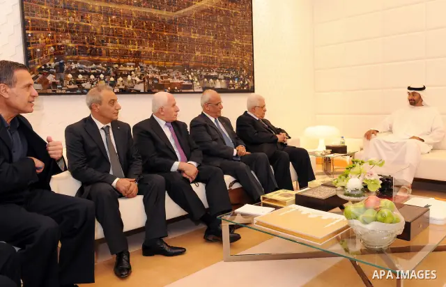 Palestinian President Mahmoud Abbas (Abu Mazen) meets with Crown Prince of Abu Dhabi, Deputy Supreme Commander of UAE Armed Forces Sheikh Mohammed bin Zayed Al Nahyan in Abu Dhabi on Oct. 23, 2011. Photo by Thaer Ganaim