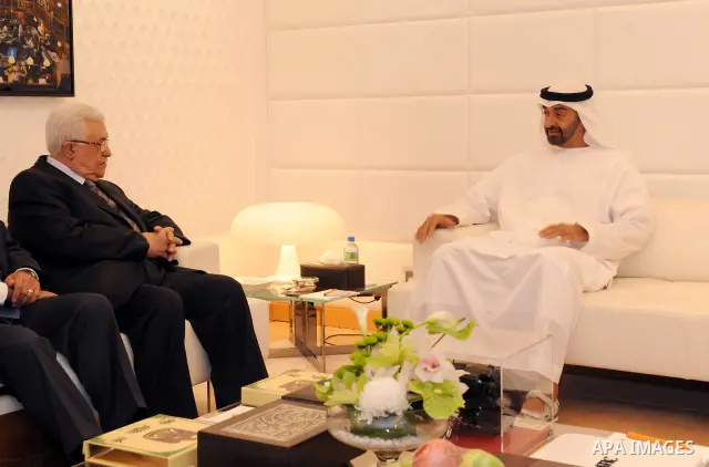 Palestinian President Mahmoud Abbas (Abu Mazen) meets with Crown Prince of Abu Dhabi, Deputy Supreme Commander of UAE Armed Forces Sheikh Mohammed bin Zayed Al Nahyan in Abu Dhabi on Oct. 23, 2011. Photo by Thaer Ganaim