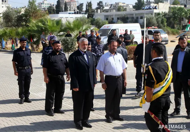 Palestinian prime minister in Gaza Strip, Ismail Haniya attends a ceremony organised by Hamas police in Gaza City in front of the media and Palestinian prisoners released in a recent swap between Hamas and Israel October...