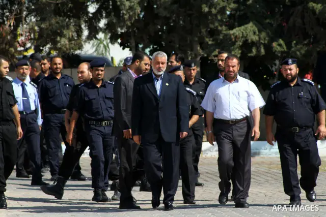 Palestinian prime minister in Gaza Strip, Ismail Haniya attends a ceremony organised by Hamas police in Gaza City in front of the media and Palestinian prisoners released in a recent swap between Hamas and Israel October...