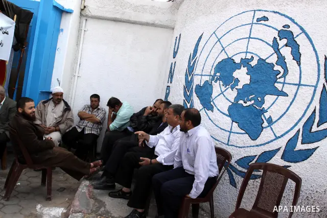 Palestinians UNRWA employees take part during Press conference for workers in front of the UNRWA. Union officials called the United Nations Relief and Works Agency (UNRWA) employees to suspend the study in all UNRWA scho...