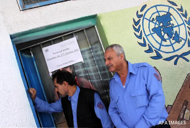 Palestinians UNRWA employees take part during Press conference for workers in front of the UNRWA. Union officials called the United Nations Relief and Works Agency (UNRWA) employees to suspend the study in all UNRWA scho...