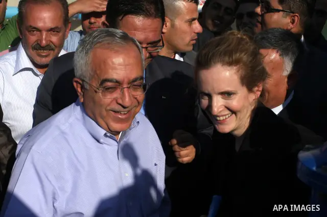 Palestinian Prime Minister Salam Fayyad and French Minister of Ecology, Sustainable development, transport, and housing, Nathalia Kosciusko- Morizet inaugurate a water pump in Maythalon village, near Jenin, the West Bank...