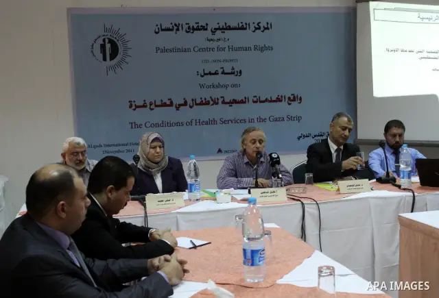 Members of the Palestinian Centre for Human Rights attend a meeting entitled the conditions of children health services in Gaza Strip, in Gaza city on Nov. 2,2011. Photo by Mohammed Asad