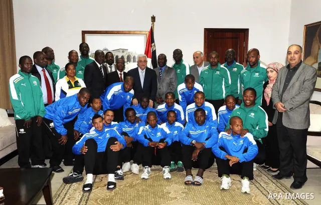 Palestinian President Mahmoud Abbas (Abu Mazen) receives team of football from South African in Ramallah. on Nov. 14, 2011 Photo by Mufeed Abu Hasnah.