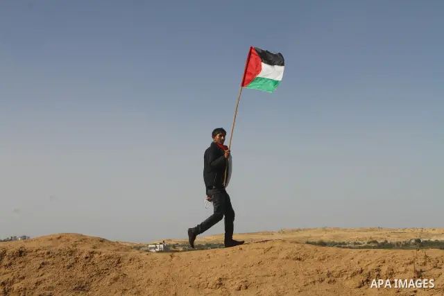 Palestinian protesters wave national flags during a demonstration on Tuesday Nov. 15, 2011 on the outskirts of Gaza City to mark the 23rd anniversary of the Palestinian Independence Day. Palestinians have marked Nov. 15...