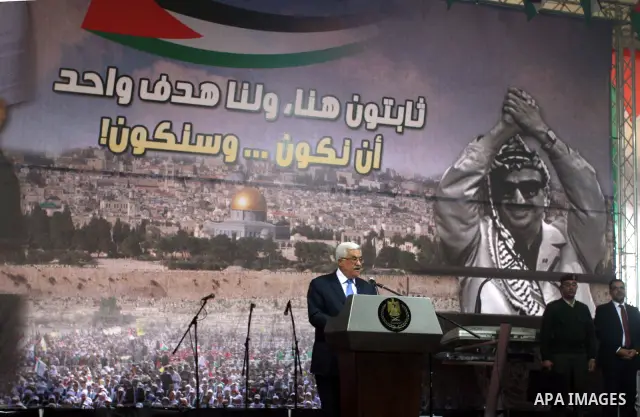 Palestinian president Mahmud Abbas addresses the Palestinian leadership on November 16, 2011 in the West Bank city of Ramallah. The address was timed to mark seven years since the death of veteran leader Yasser Arafat an...