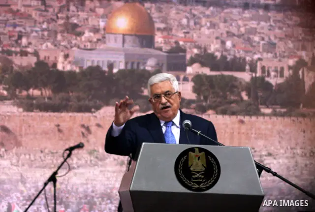 Palestinian president Mahmud Abbas addresses the Palestinian leadership on November 16, 2011 in the West Bank city of Ramallah. The address was timed to mark seven years since the death of veteran leader Yasser Arafat an...