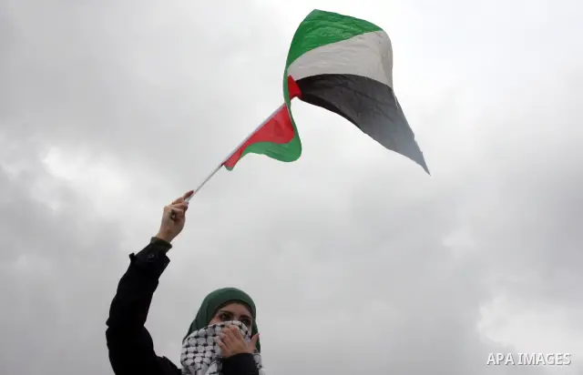 A Palestinian woman waves her national flag in front of Israeli soldiers during clashes at a weekly protest in the West Bank village of Nabi Saleh, near Ramallah November 18, 2011. Photo by Issam Rimawi