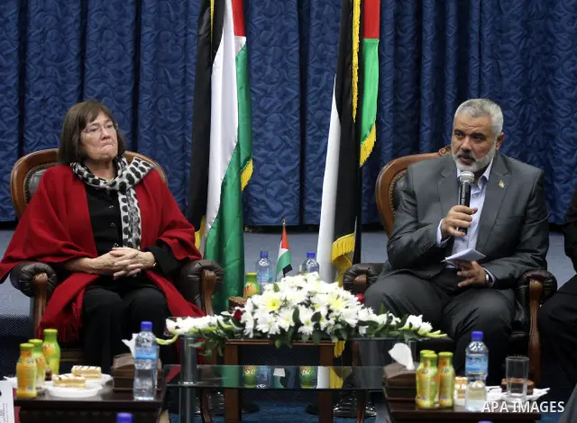 Palestinian Prime Minister in Gaza Strip, Ismail Haniyeh meets with the members of the spring of freedom convoy at his office in Gaza city on Nov. 23, 2011. A convoy carrying Arab, European and International activists vi...
