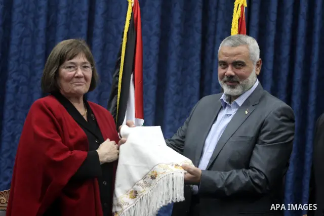 Palestinian Prime Minister in Gaza Strip, Ismail Haniyeh meets with the members of the spring of freedom convoy at his office in Gaza city on Nov. 23, 2011. A convoy carrying Arab, European and International activists vi...