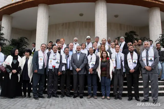 Palestinian Prime Minister in Gaza Strip, Ismail Haniyeh, receives the delegation of Latin America and the deputies of Latin America in Gaza City on Nov. 24, 2011. Photo by Mohammed Asad
