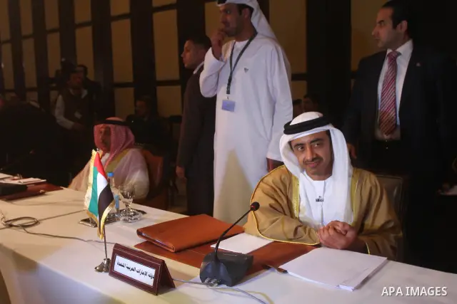 Sheikh Abdullah bin Zayed Al Nahyan (R), Minister of Foreign Affairs of the United Arab Emirates attends a ministerial meeting at the Arab League headquarters on Syria in Cairo on November 24, 2011. Arab foreign minister...