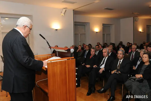 Palestinian President Mahmoud Abbas (Abu Mazen) during his speech, Bruno Kreisky in the Forum, in Vienna on Nov. 28, 2011. Photo by Thaer Ganaim