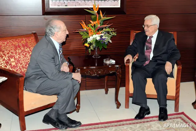 Palestinian President Mahmoud Abbas (Abu Mazen) meets with the head of the Association of United States for the Middle East, Jeffrey Sigman in the West Bank city of Ramallah on Dec. 4, 2011. Photo by Mufeed Abu Hasnah