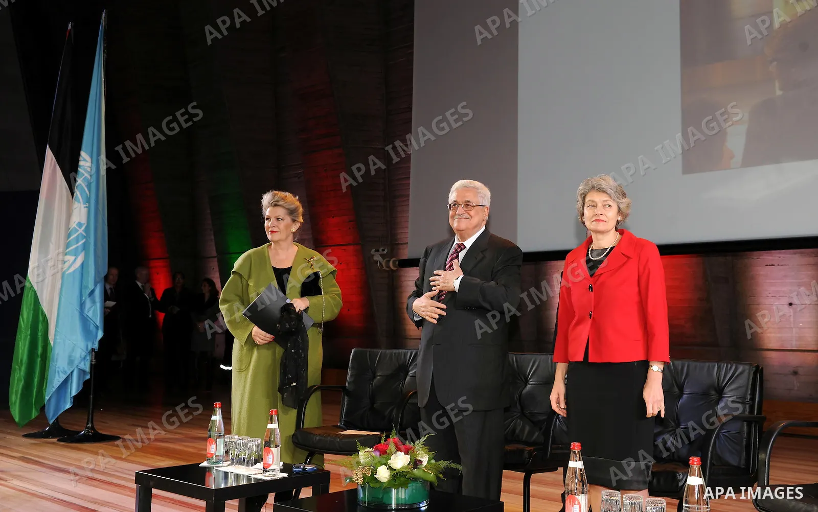 Palestinian President Mahmoud Abbas attends the Palestinian flag raising ceremony, at the UNESCO headquarters in Paris, Tuesday Dec. 13, 2011. Palestine was admitted as a member of the U.N. Educational, Scientific and Cu...