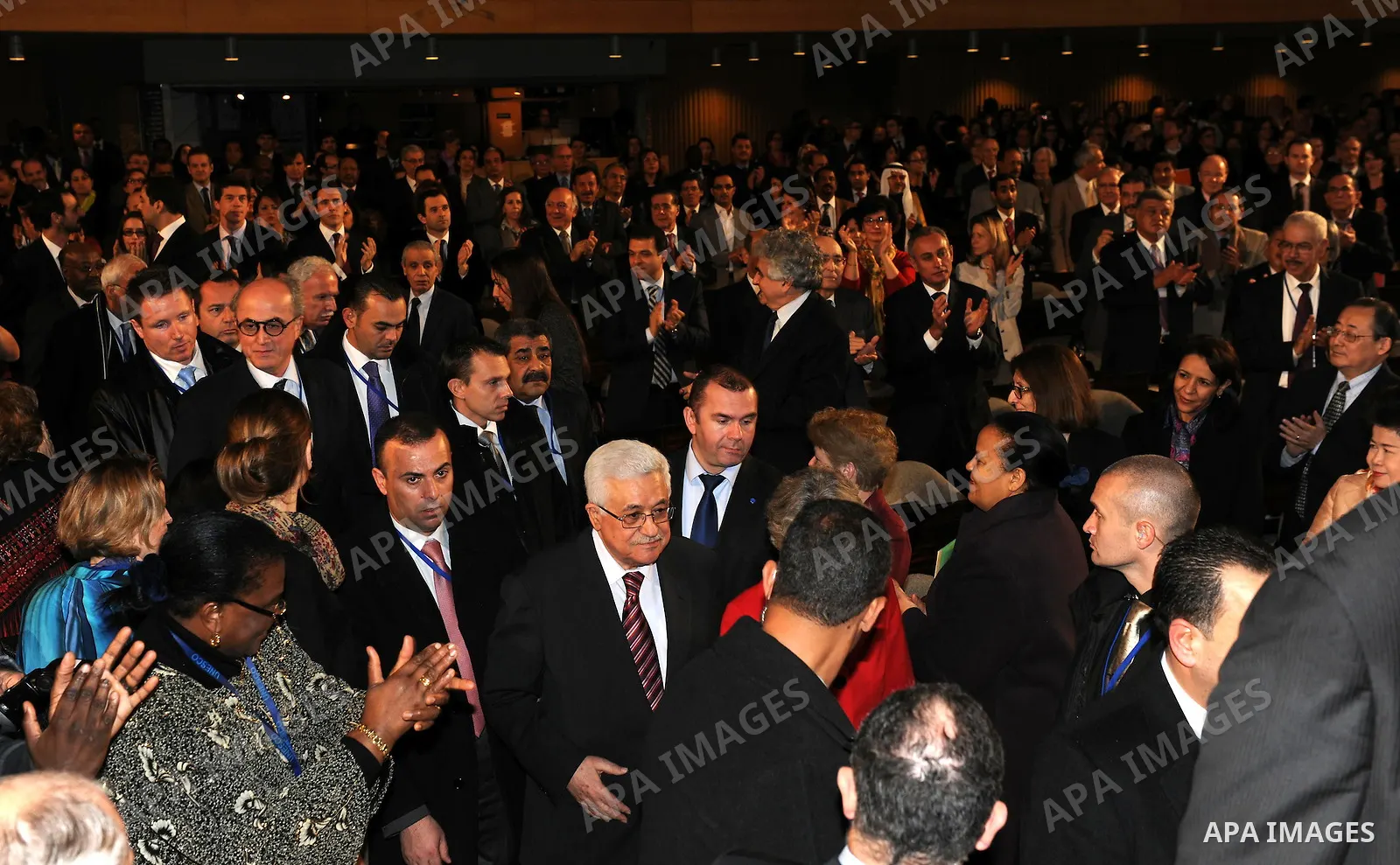 Palestinian President Mahmoud Abbas attends the Palestinian flag raising ceremony, at the UNESCO headquarters in Paris, Tuesday Dec. 13, 2011. Palestine was admitted as a member of the U.N. Educational, Scientific and Cu...