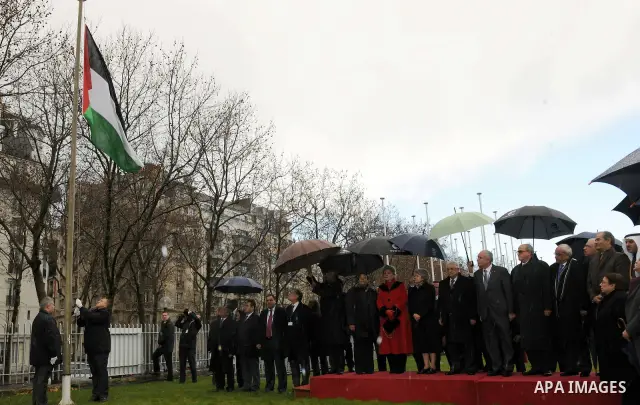 Palestinian President Mahmoud Abbas attends the Palestinian flag raising ceremony, at the UNESCO headquarters in Paris, Tuesday Dec. 13, 2011. Palestine was admitted as a member of the U.N. Educational, Scientific and Cu...