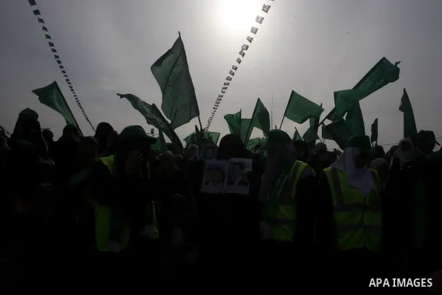 Thousands of Hamas supporters gather to celebrating marking the Islamist movement's 24nd anniversary at el-Qatiba yard in Gaza city on Dec 14, 2011. the Islamist movement of Hamas take over ruling at Gaza strip since Jun...