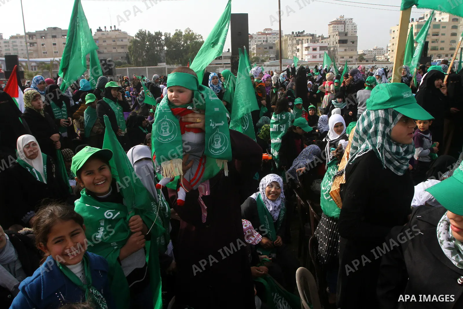 Thousands of Hamas supporters gather to celebrating marking the Islamist movement's 24nd anniversary at el-Qatiba yard in Gaza city on Dec 14, 2011. the Islamist movement of Hamas take over ruling at Gaza strip since Jun...