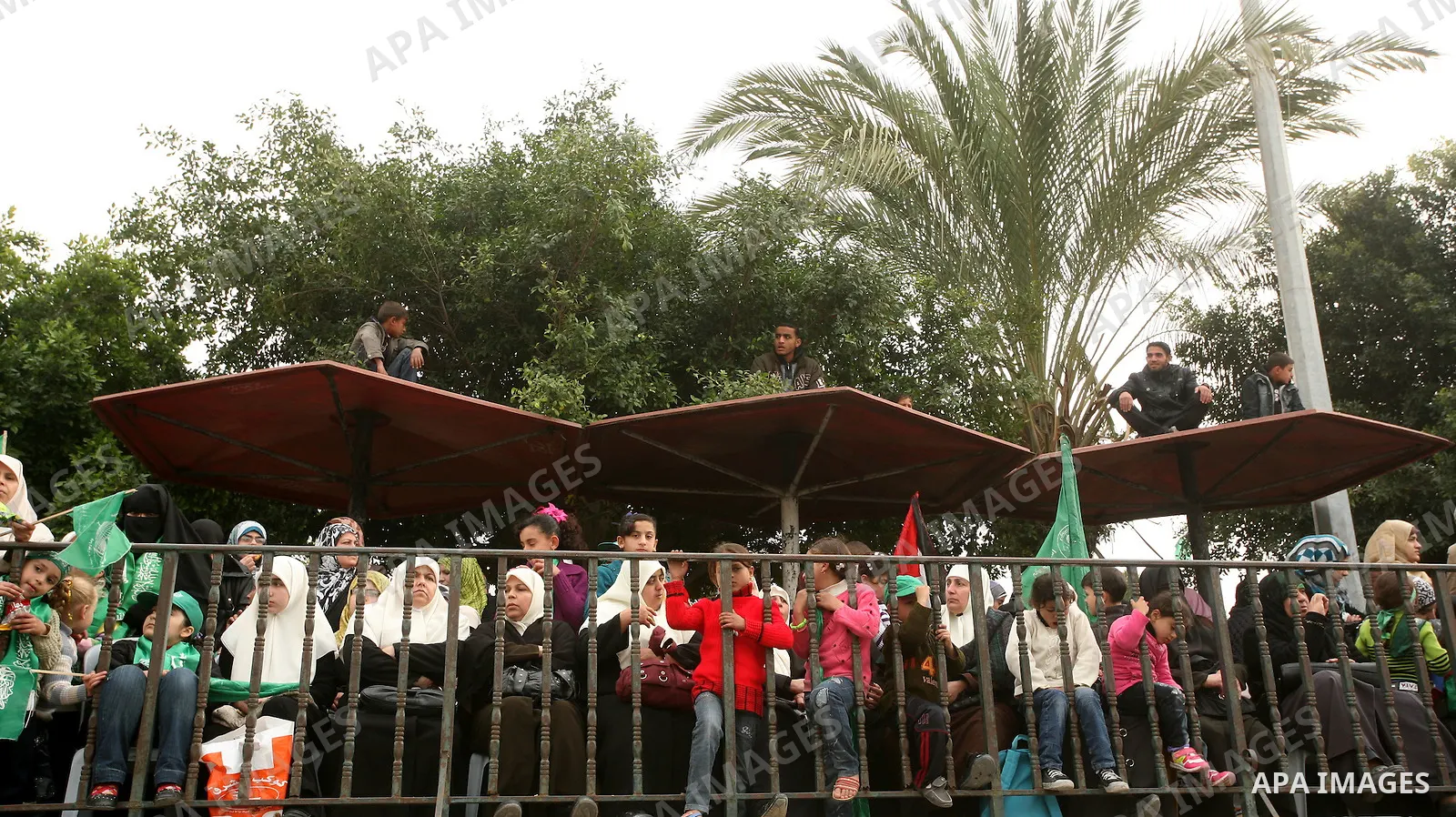 Thousands of Hamas supporters gather to celebrating marking the Islamist movement's 24nd anniversary at el-Qatiba yard in Gaza city on Dec 14, 2011. the Islamist movement of Hamas take over ruling at Gaza strip since Jun...