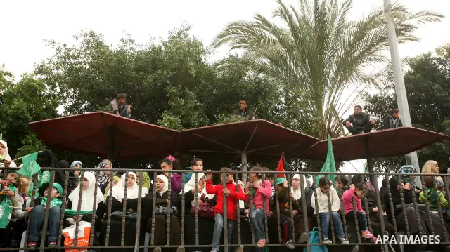 Thousands of Hamas supporters gather to celebrating marking the Islamist movement's 24nd anniversary at el-Qatiba yard in Gaza city on Dec 14, 2011. the Islamist movement of Hamas take over ruling at Gaza strip since Jun...