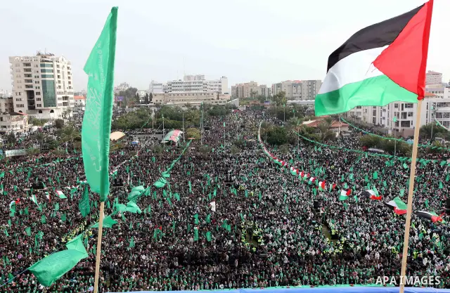 Thousands of Palestinian supporters of Hamas wave the Islamist movement's flags during celebrations for the 24th anniversary of its foundation in Gaza City on December 14, 2011. Photo by Ashraf Amra