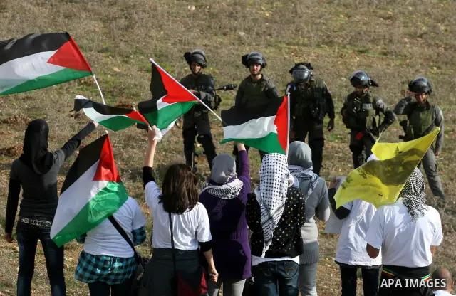 Palestinian and left-wing Israeli wave Palestinian flag during clashes at a weekly protest against a nearby Jewish settlement, in the West Bank village of Nabi Saleh, near Ramallah December 16, 2011. Some 100 demonstrato...