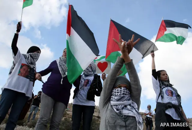 Palestinian and left-wing Israeli wave Palestinian flag during clashes at a weekly protest against a nearby Jewish settlement, in the West Bank village of Nabi Saleh, near Ramallah December 16, 2011. Some 100 demonstrato...