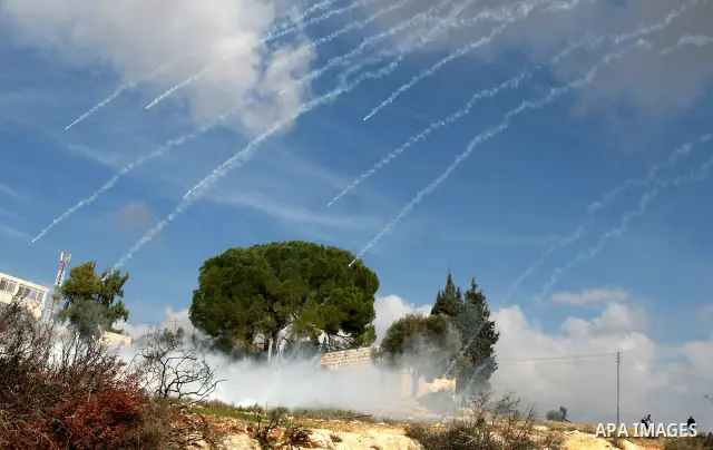 Palestinian and left-wing Israeli demonstrators run from a tear gas grenade fired by Israeli security officers during clashes at a weekly protest against a nearby Jewish settlement, in the West Bank village of Nabi Saleh...