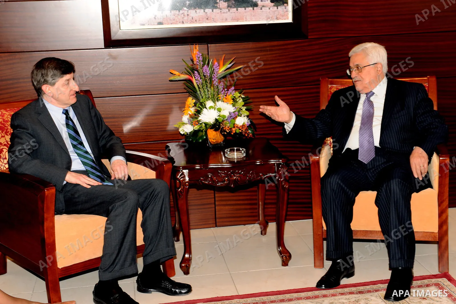 Palestinian President, Mahmoud Abbas (Abu Mazen) meet with Jack Wallace, the former U.S. general Consul, in the West Bank city of Ramallah on Dec. 17, 2011. Photo by Mufeed Abu Hasna