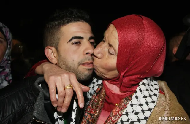 A Palestinian prisoner is welcomed after being released on December 18, 2011, at the headquarters of President Mahmud Abbas in Ramallah. Israel released 550 Palestinian prisoners to complete a swap deal which brought abo...