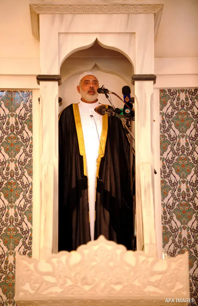 Palestinian prime minister in Gaza Strip, Ismail Haniyeh attends Friday prayers in Alnor in the Sudan's capital of Al-Khartoum on December 30, 2011. Photo by Mohamad Ostaz