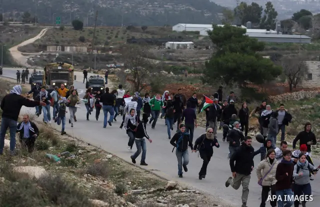 Palestinian protesters runs for cover from tear gas fired by Israeli soldiers during during demonstration against the expansion of the nearby Jewish settlement of Halamish in the West Bank village of Nabi Saleh near Rama...