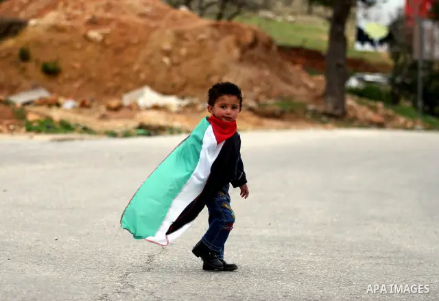 A Palestinian boy with national flag during a weekly protest against a nearby Jewish settlement, in the West Bank village of Nabi Saleh, near Ramallah, December 30, 2011. Photo by Issam Rimawi