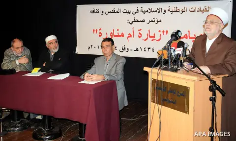 Sheikh Ikrima Sabri, Chairman of the Supreme Islamic speaks during a press conference for the Palestinian National and Islamic leaders in Jerusalem to discuss the visit of U.S. President Barack Obama to Jerusalem next mo...