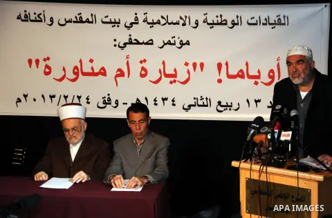 Sheikh Raed Salah, the leader of the Islamic Movement in Israel speaks during a press conference for the Palestinian National and Islamic leaders in Jerusalem to discuss the visit of U.S. President Barack Obama to Jerusa...