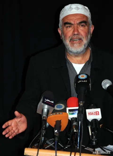 Sheikh Raed Salah, the leader of the Islamic Movement in Israel speaks during a press conference for the Palestinian National and Islamic leaders in Jerusalem to discuss the visit of U.S. President Barack Obama to Jerusa...